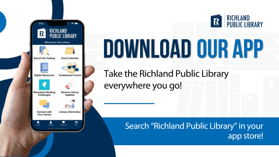 Richland Public Library has a new app available. Hand holding a cell phone with app info